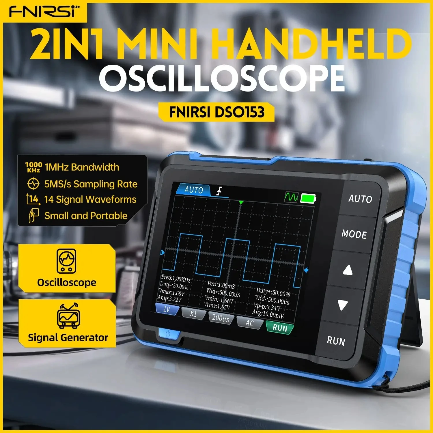 FNIRSI DSO153 Digital Portable Oscilloscope Signal Generator 2in1 1MHz Bandwidth 5MSa/s Sampling Rate Electronics Repair Tools 2