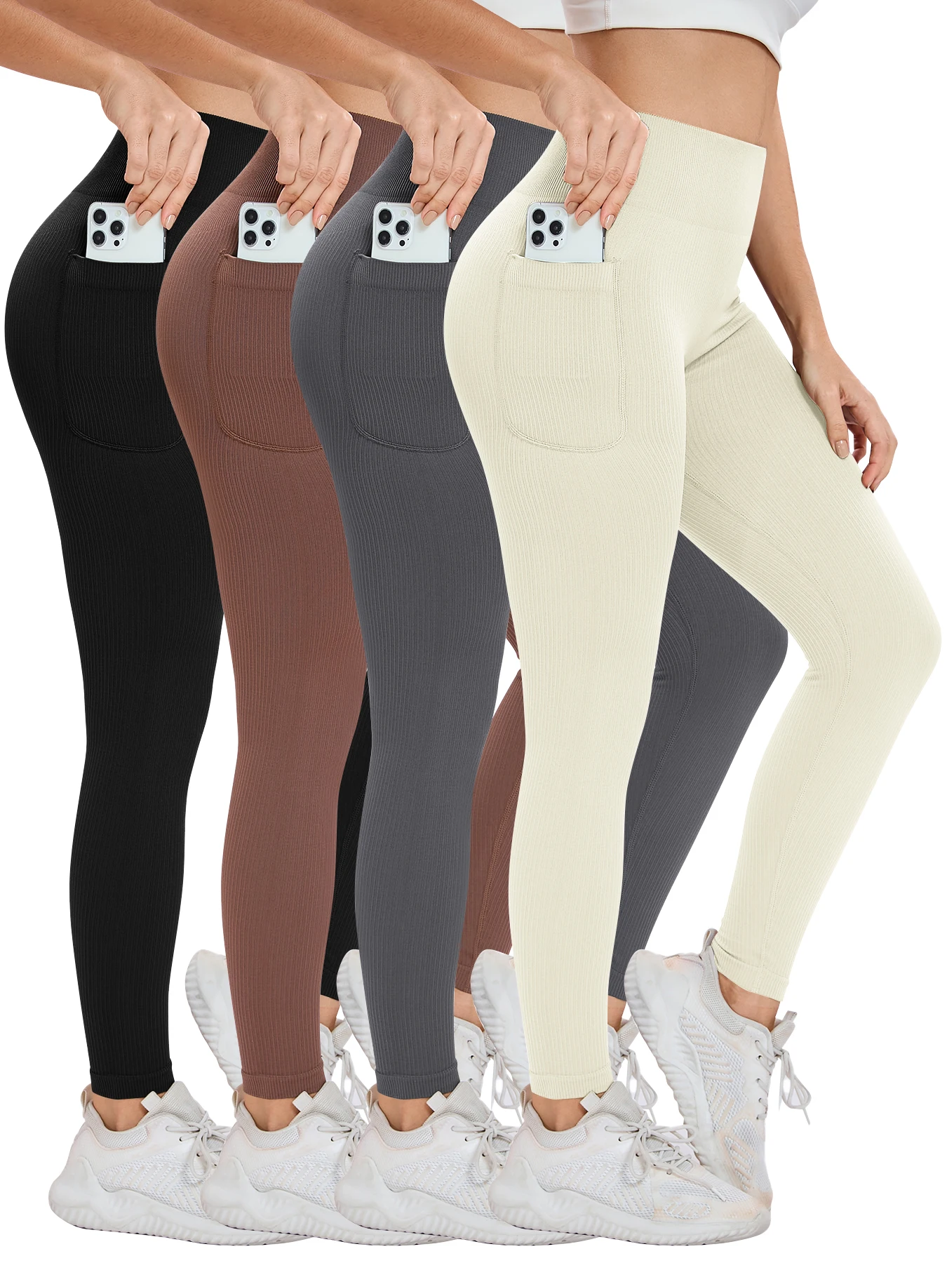 Women’s solid color threaded sports leggings seamless cross-border yoga pants high-waisted fitness pants Yoga wear with pocket Sports & Entertainment