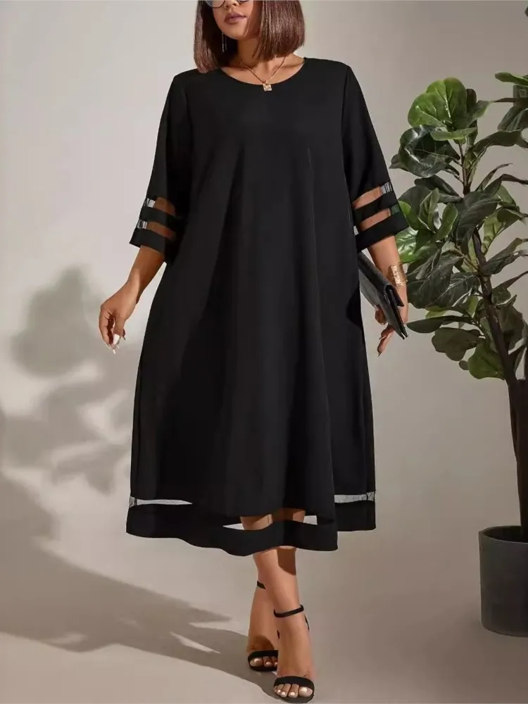 chinese dress ladies Women's Solid Pleated Dress Stand Collar Long Sleeve Loose Business Casual Midi  Dresses Black One Size at Amazon Women's Clothing store main image 0
