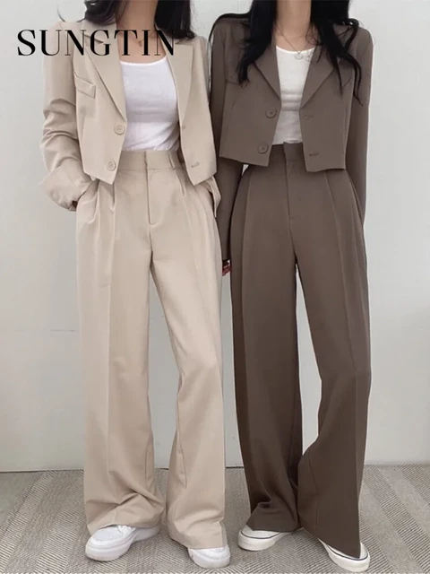 Sungtin Korean Casual Women Suits Blazer Jacket Ol Wide Leg High Waist  Pants Suits Female Two Piece Sets Elegant Crop Tops Coats - Pant Suits -  AliExpress