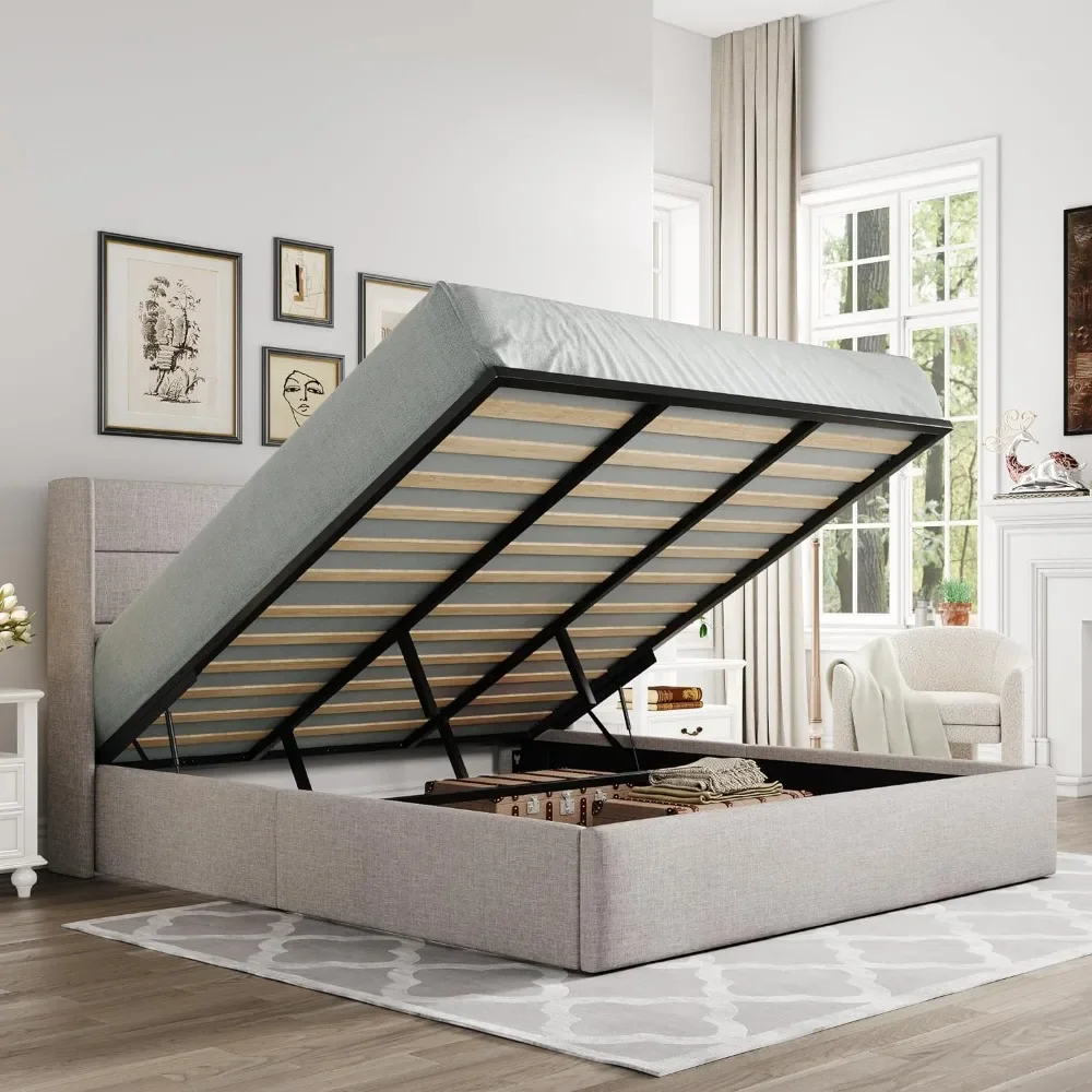 

Queen Size Lift Up Storage Bed, Modern Wingback Headboard, No Box Spring Needed, Hydraulic Storage, Light Beige