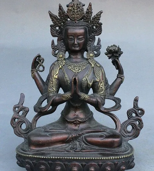 

Tibet Buddhism Temple Bronze 4 Hands Kwan-yin Guan Yin Goddess Buddha Statue