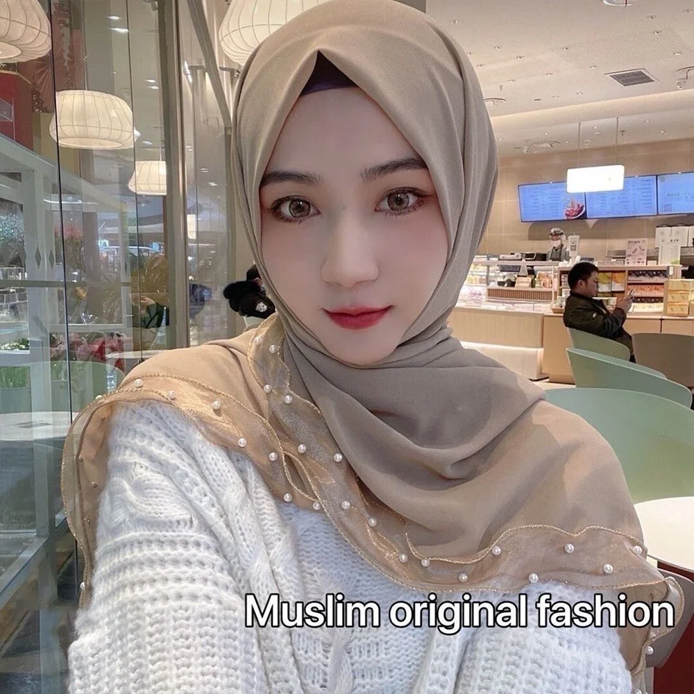 

Fashion Women Turban Pearl Chiffon Streamer Muslim Hijabs Wrapped Headscarf Scarf Bubble Soft Solid Color Shawl 170x70cm