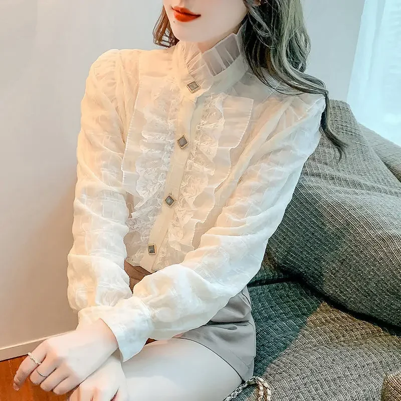 

Spring Women Loose Fit Stand Collar Lace Blouse Shirt Long Sleeve 2024 New Solid Color Shirts T311
