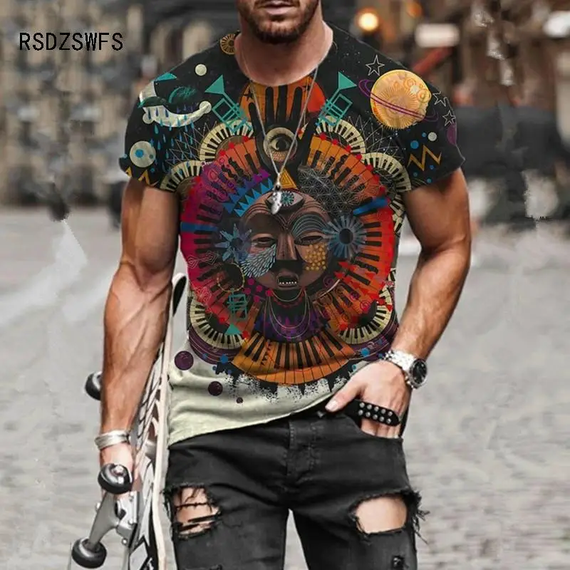 

2021 New Retro Men Short Sleeve T-Shirt National Style Yuansu Fashion Clothing 3D Printing Round Neck Leisure