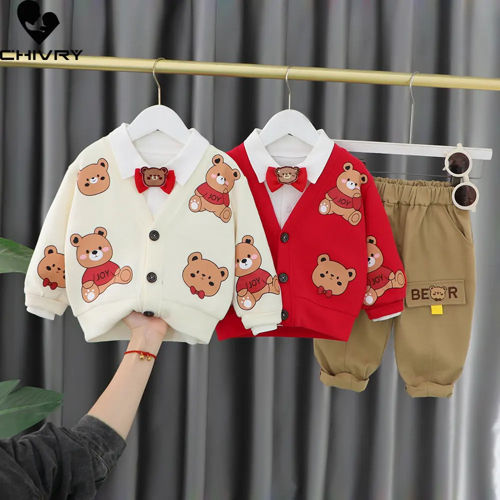 

Three-piece Boys Clothing Sets New 2023 Baby Boy Spring Cartoon Bear Knit Coat Lapel Shirts Tops with Pants Kids Fashion Clothes