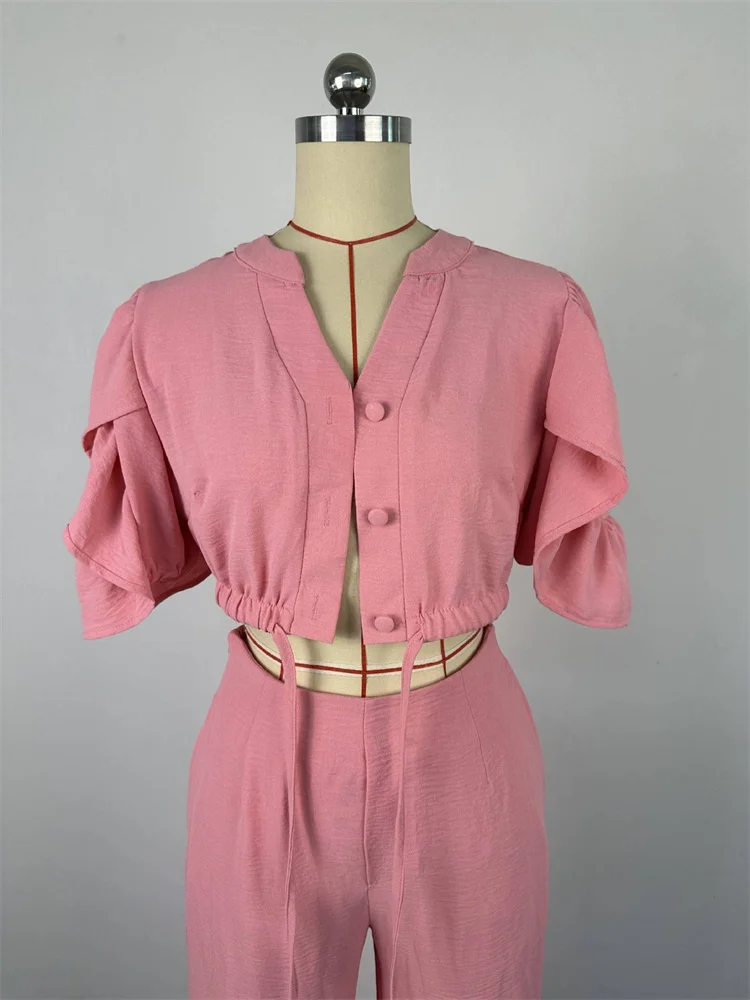 Wmstar Two Piece Set Women Summer Fashion V Neck Flare Sleeve Lace Up Top Wide Leg Long Pants Casual Set Wholesale Dropshipping