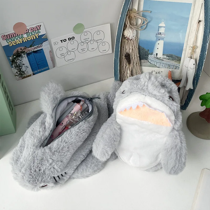 대용량 펜 파우치 편지지 보관 상자 귀여운 플러시 바다 상어 연필 케이스 휴대용 화장품 가방 학교 사무용품
