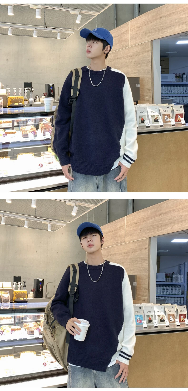 Description Picture 4 of itemNew 2024 Autumn Winter Men Fashion Round Neck Knitted Tops Male Loose Patchwork Jumpers Men's Long Sleeve Sweater Top S219