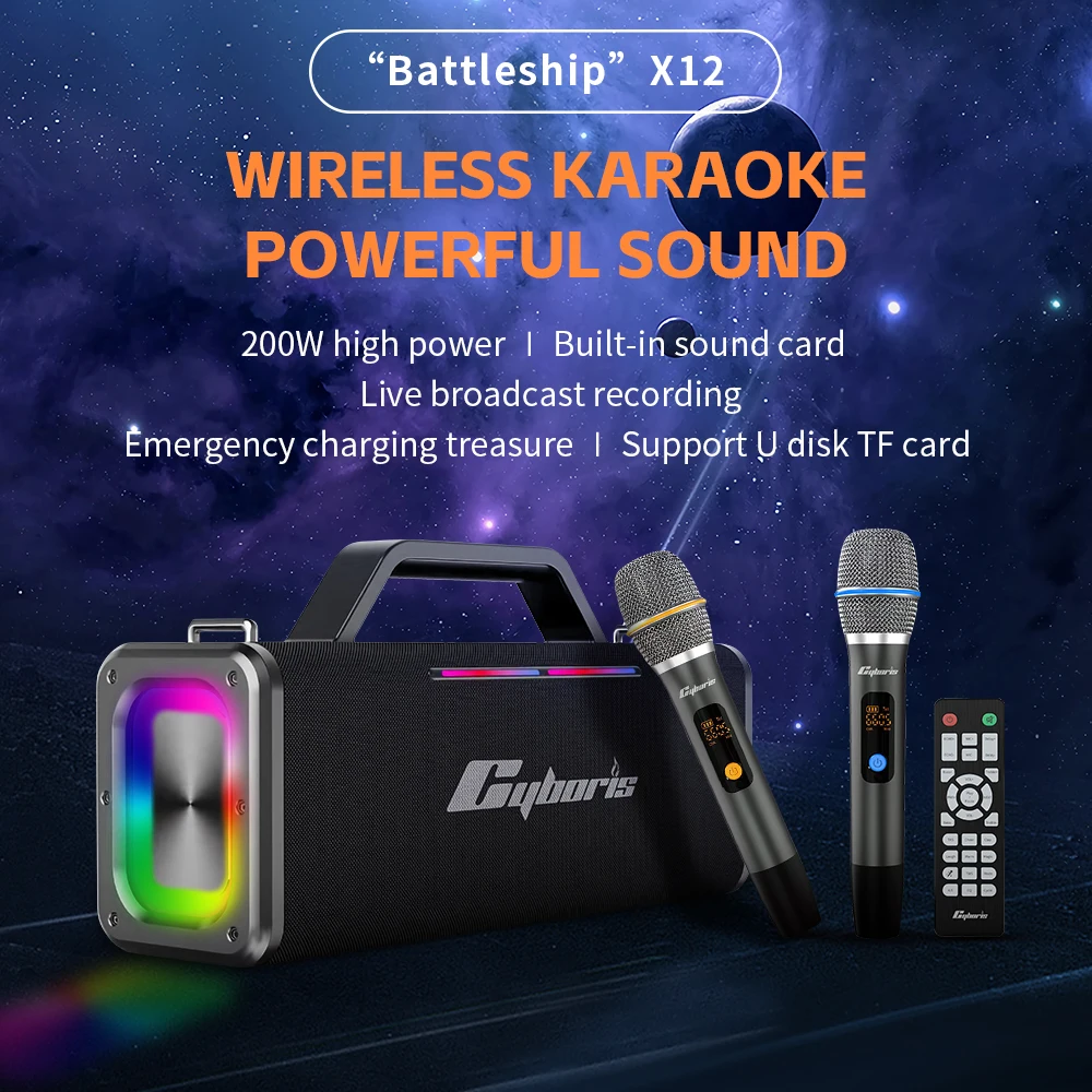

Cyboris200W High-Power Wireless Bluetooth Speaker Portable Long-Lasting RGB Atmosphere Light K Song Audio All-in-One Machine TWS