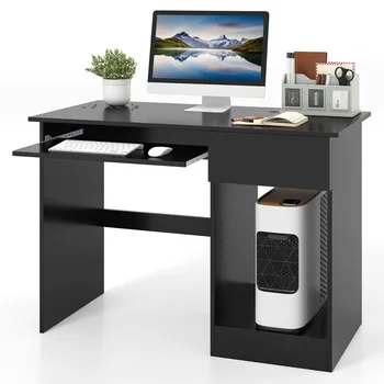 GOFLAME Black Desk with Drawer Wooden Computer Desk with Pull-out Keyboard Tray