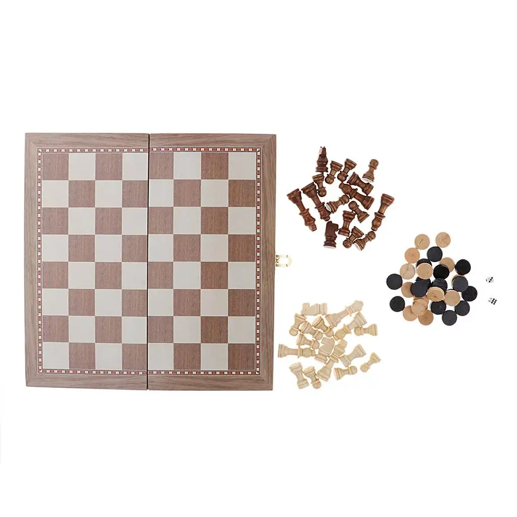 Folding Wooden Chess Set Deluxe Chess Checker Backgammon International Set Traditional Board Game for 2 Players