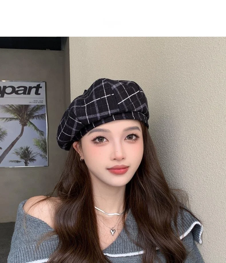 Plaid Beret Hat For Women British Retro Style Woolen Painter Cap_voghion.com