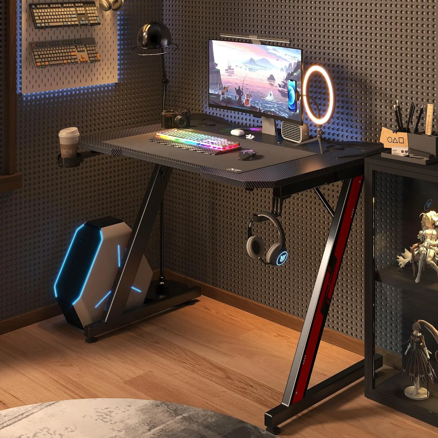 Gaming Computer Desk with Carbon Fiber Surface, Gaming Table Z Shaped Pc Home Office with Cup Holder&Headphone Hook(32 in) 4
