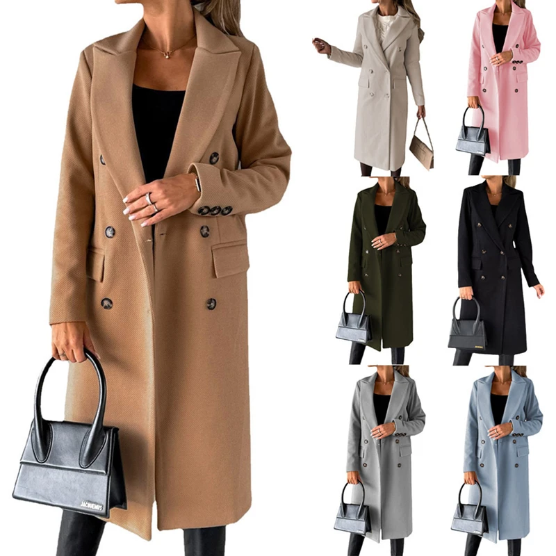 

Winter Wool Blends Double-Breasted Coats Female Slim Jackets Overcoat Tops Long Sleeve Turn-down Collar Outwear Clothing