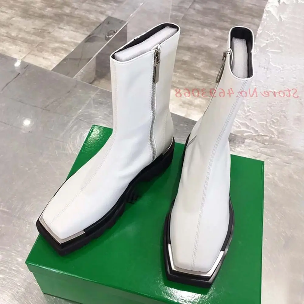 

Metal Square Toe Designer Ankle Boots Newest Chunky Heels 2022 Women Leather Knight Boots Side Zipper Women Fashion Dress Shoes