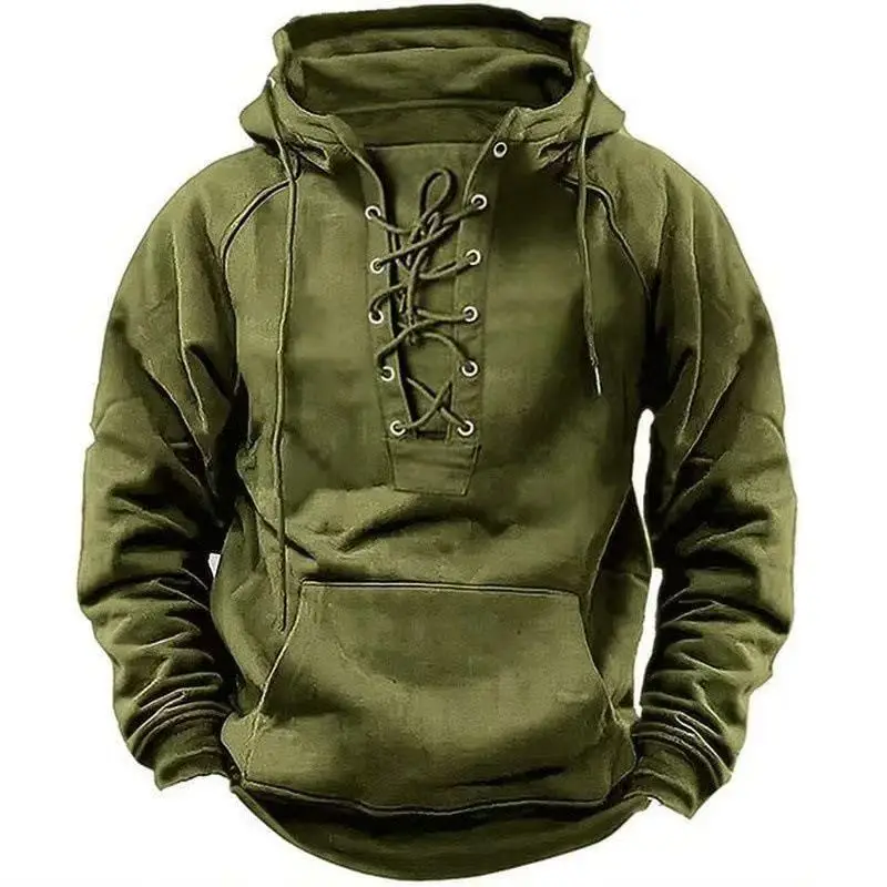 Mode automne : Sweat-shirts à capuche pour hommes, à lacets et cordon de serrage, manches longues, coupe ample, streetwear vintage, couleur unie. 1