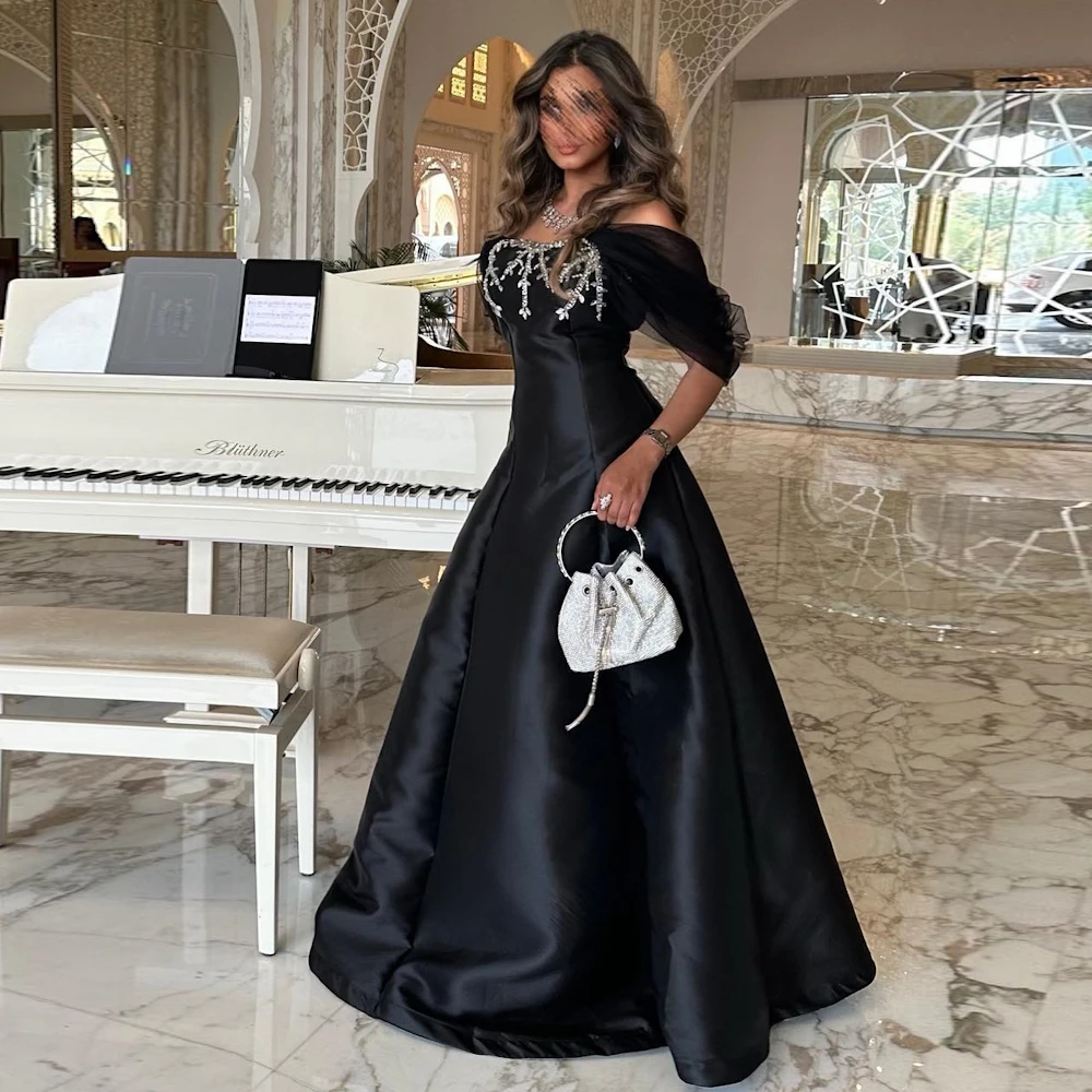 

Rosella Black Off Shoulder Fashion A-line Special Events Dress Ankle Length Formal Occsion Crystal Saudi Evening Dress 2023