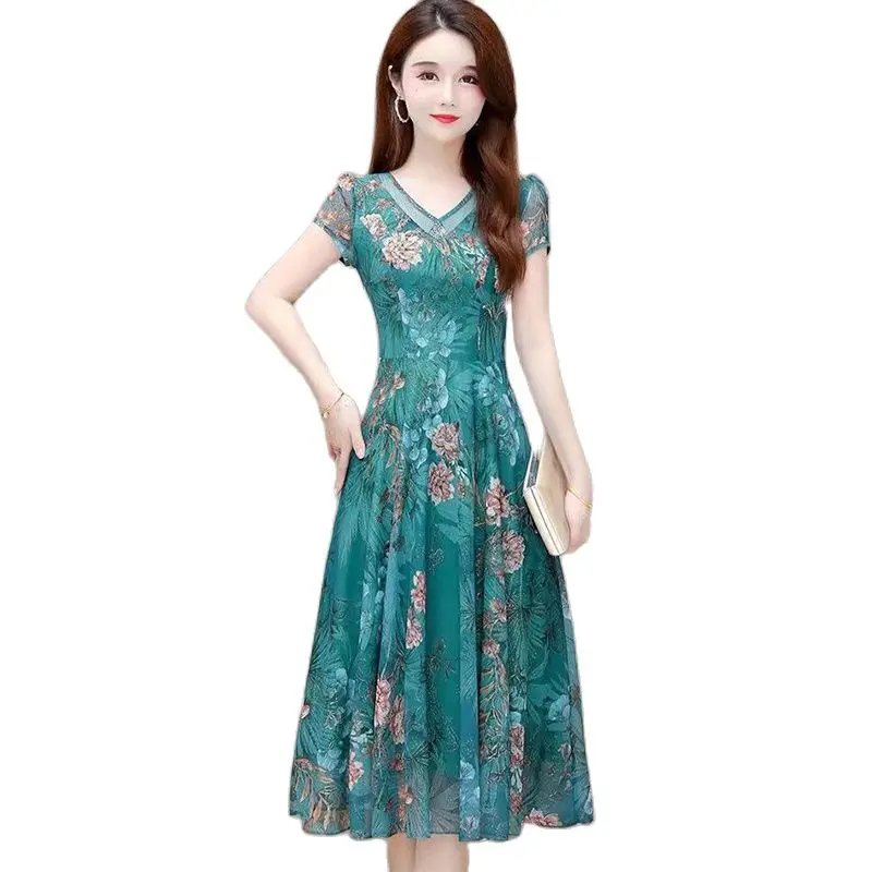 

Middle-aged Women's Summer Dress Temperament Print Elegant Dress 2023 New Women's Loose Slim V-neck Long Skirt Female Tide5XL