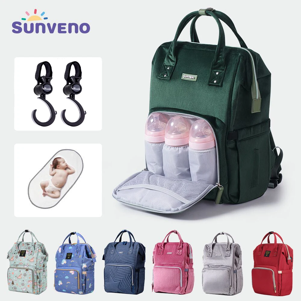 

Рюкзак для подгузников Sunveno, сумка для подгузников большой вместимости, сумка для подгузников с пеленальным подкладом и вешалкой для коляски