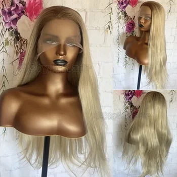 Ombre Blonde Lace Front Wig 13x4 Synthetic Long Silky Straight Wigs for Women Dark Roots Colored Natural Hairline Daily Cosplay