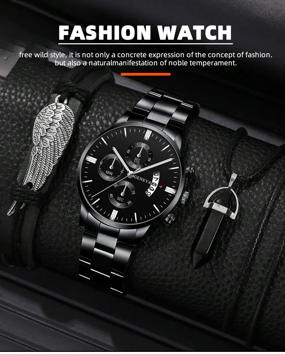 3PCS Set Mens Fashion Wing Bracelet Hexagonal Column Pendant Necklace Watches Men Business Stainless Steel Calendar Quartz Watch