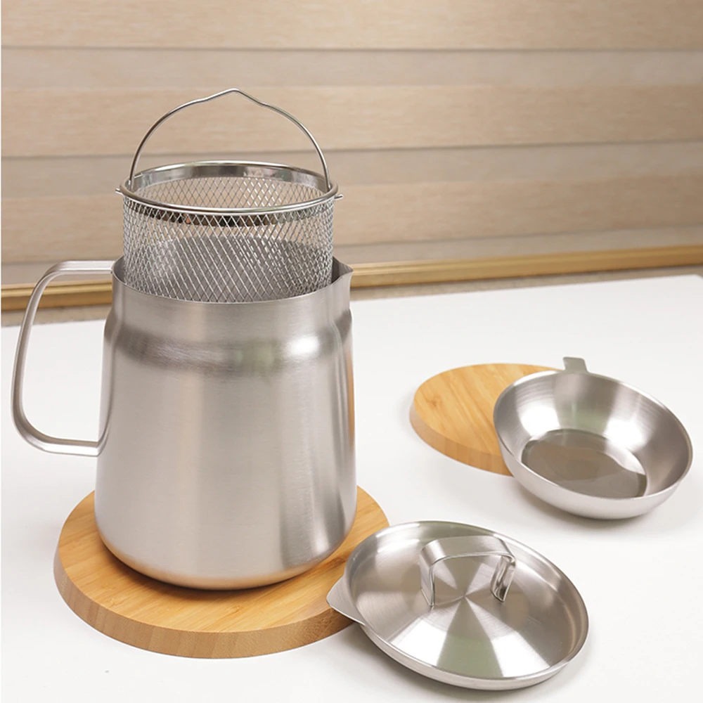Stainless Steel Oil Filter Pot With Strainer Basket Large Capacity Oil Storage Tank Filtered Residue Can for Deep Frying