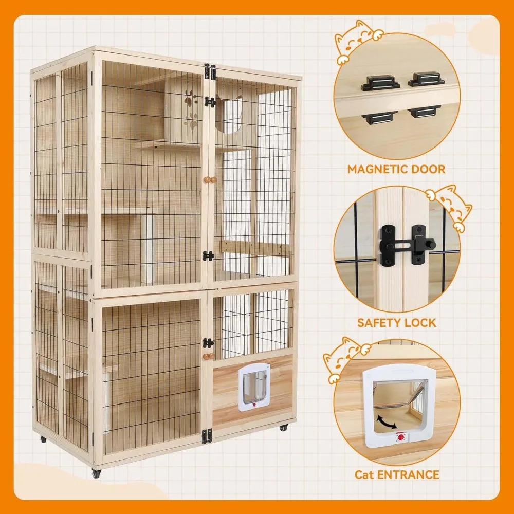 Wooden Cat House Large Space Cat Cage with Scratching Post and Lockable Wheels Double Layer House with Escape Door
