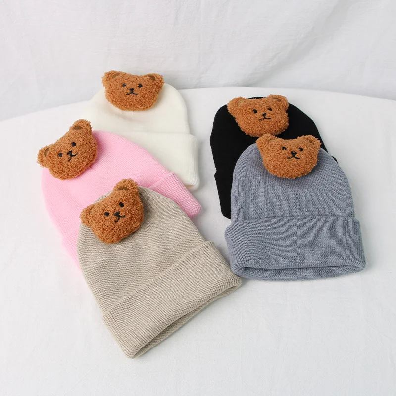Korean Baby Autumn Winter Hat Cute Bear Knitted Warm Newborn Cap Infant Beanie Solid Color Baby Girl Boy Soft Crochet Hats 5