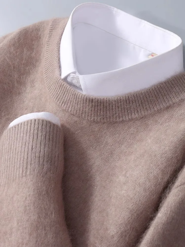 Men's mink cashmere sweater crewneck loose solid color cashmere undercoat youth business knit undercoat sweater