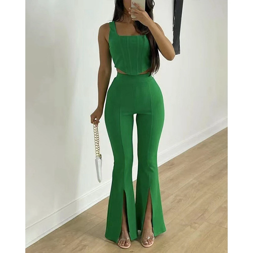 Women Square Neck Asymmetric Tank Top & High Waist Split Flared Pants Set Causal New Style Two Pieces Pants Suit Summer Clothing