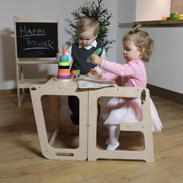 Escritorio de aprendizaje para niños pequeños y torre para niños pequeños,  taburete de cocina plegable 2 en 1 y escritorio para niños pequeños.