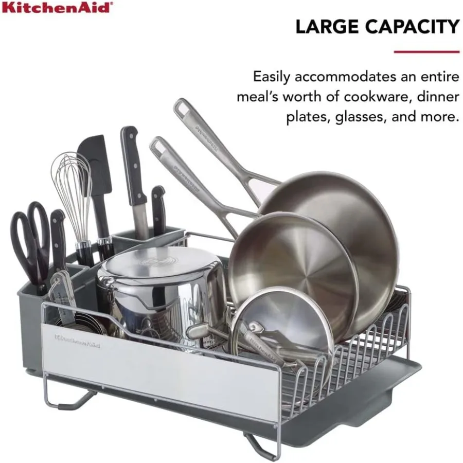 Large Capacity Full Size Rust Resistant Dish Rack with Angled Drain Board and Removable Flatware Caddy Light Grey