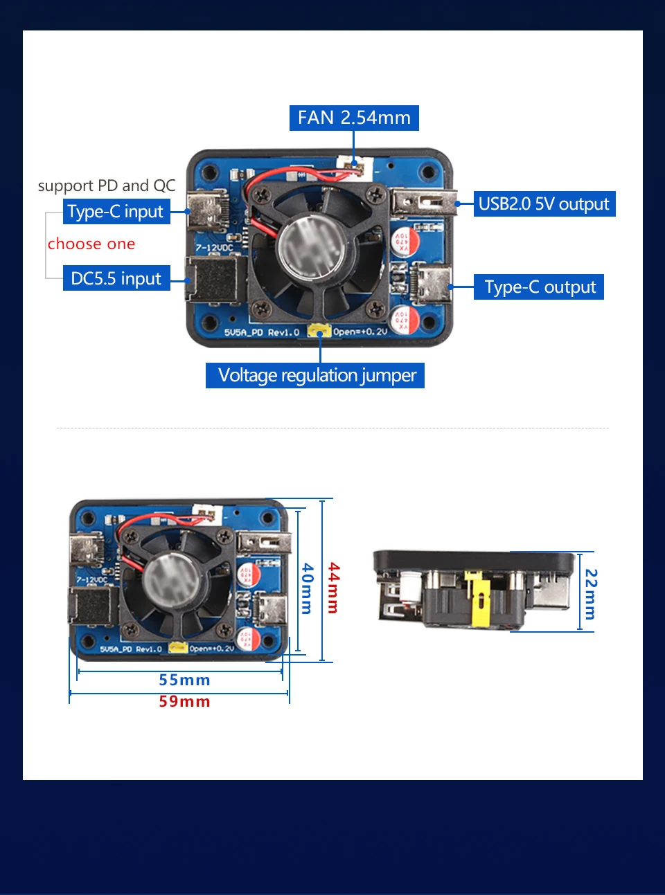 5V5A PD power,USB-C and USB-A dual port Power module for Raspberry Pi5, support