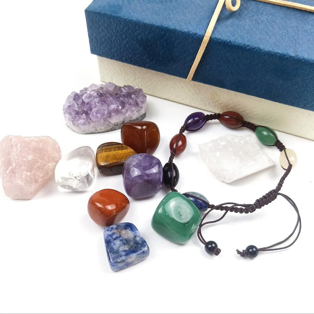 

Rose Quartz Rough Amethyst Teeth Reiki Collection Box Irregular Shaped Chakra Stone Set with 7 Chakra Set for Gift