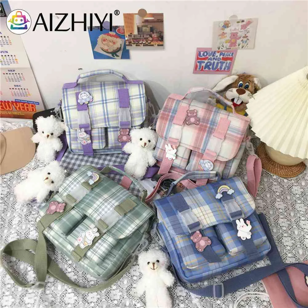 Female Japanese Girl Student Messenger Tote Bag Cute JK Plaid Campus
