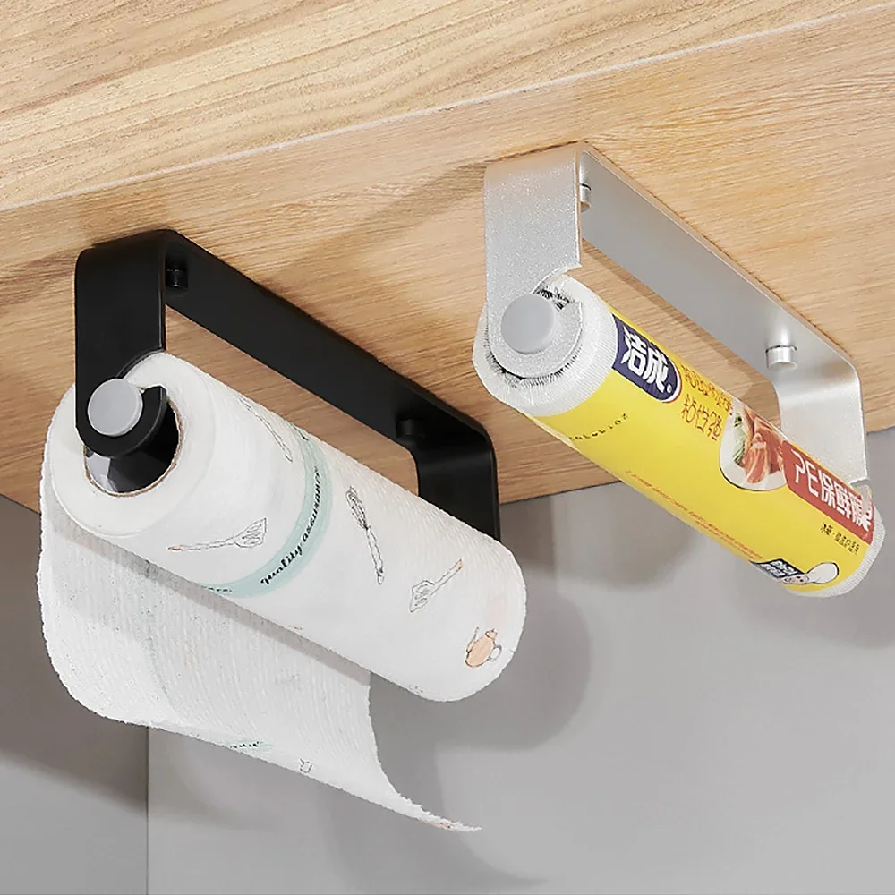 Paper Towel Holder Roll Paper Holder Black Aluminum Cling Film Towel Rack Kitchen Accessories Toliet Tissue Hanger Wall Organizer Storage Shelf