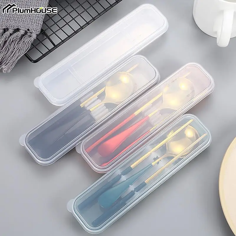 Travel Outdoor Reusable Wheat Straw Tableware Box School Home Slot Design Cutlery Storage Box Transparent Case Spoon