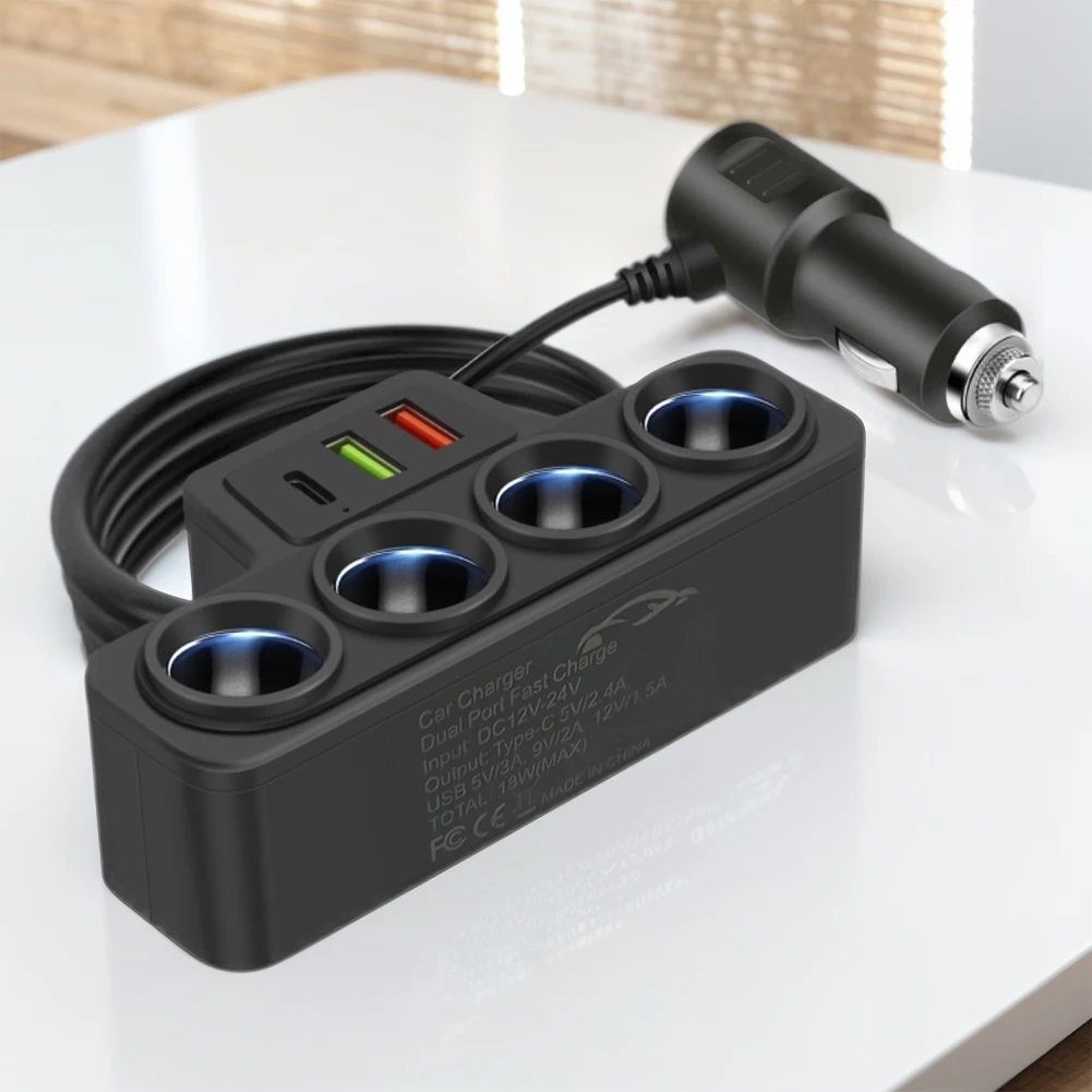 Car Cigarette Lighter Splitter QC3.0+PD 3.1A 3 USB Ports Fast Charger Plug 4-Socket Phone Power Adapter Phone Charger Adapter