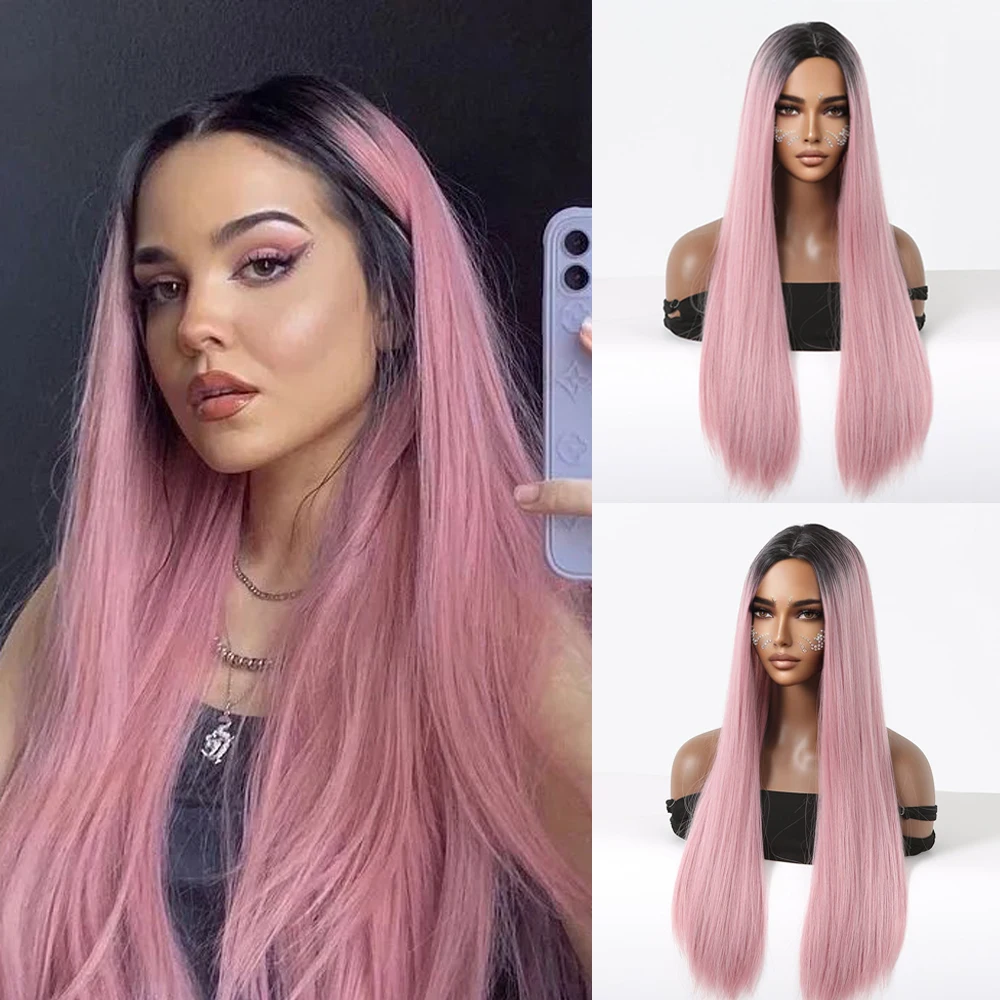 

Long Pink Black Halloween Synthetic Wigs Middle Part Women's Silky Straight Hair Wig for Cosplay Party Lolita Natural Looking