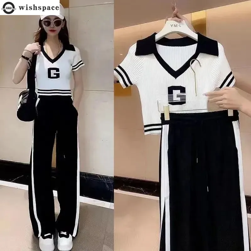 Spring/Summer Flip Collar Set for Women Sweet and Slim Sports Short Sleeves Fashionable and Age Reducing Two Piece Set 2 pcs set formal short sleeves lapel casual straight loose sports wide leg men top trousers set garment men shirt pants set