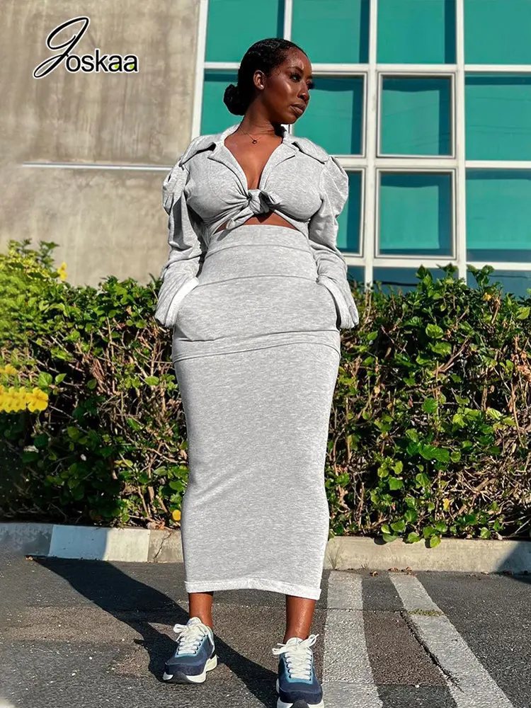 Crop Top Two Piece Maxi Skirt Set Sets Long Sleeve Top Skirt Solid