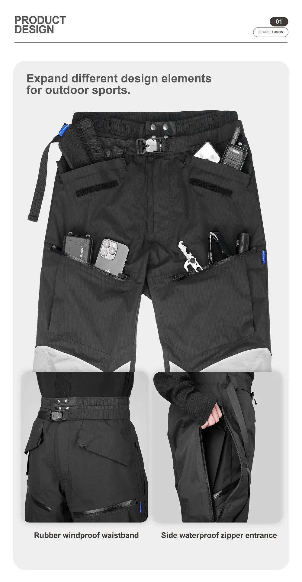 Reindee Lusion 23aw All-weather hard-shell 3L outdoor ski pants rubbered waistband multiple pockets side zipper techwear