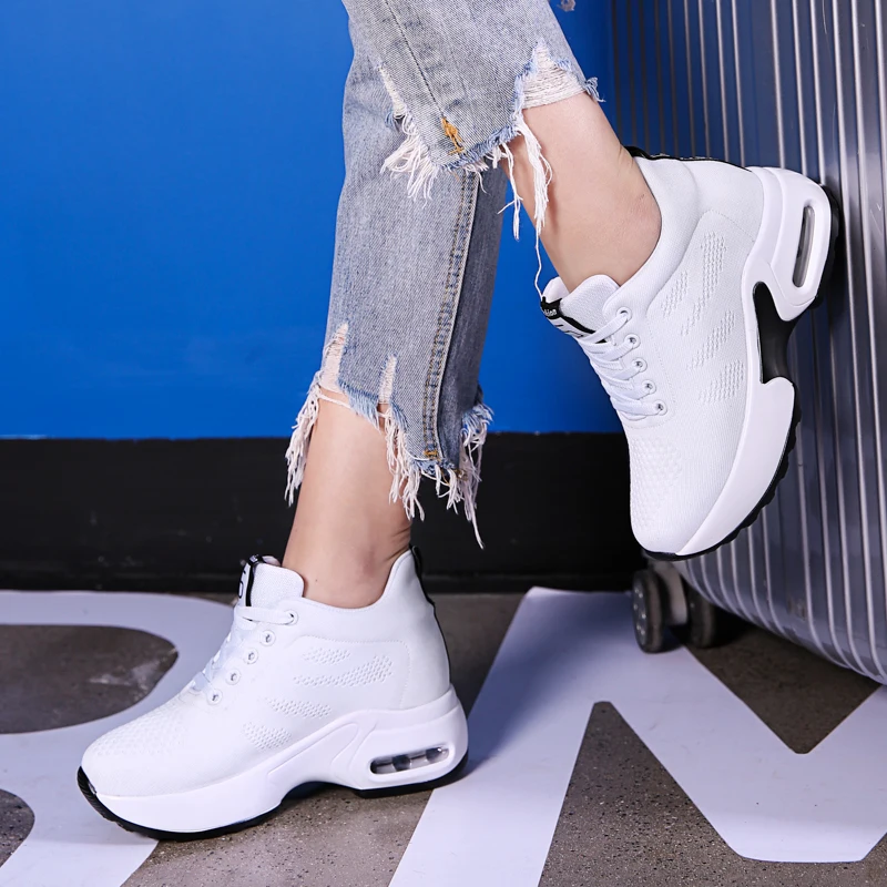 Fly Weave Breathable Height Increase Sneakers Women Cushioning Soft Sports Casual Shoes Ladies Non-Slip Walking Jogging Shoes