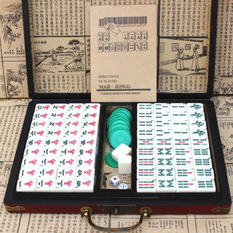 Vintage Mahjong Folding Wooden Box Set Chinese Traditional Board Game