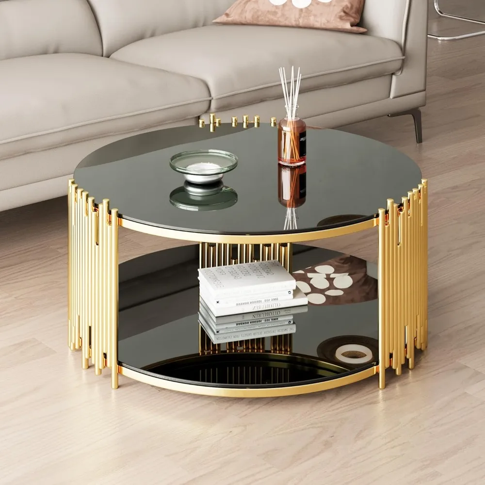 36" Modern Round Coffee Table,  Luxury Black Gold Glass Coffee Table 6