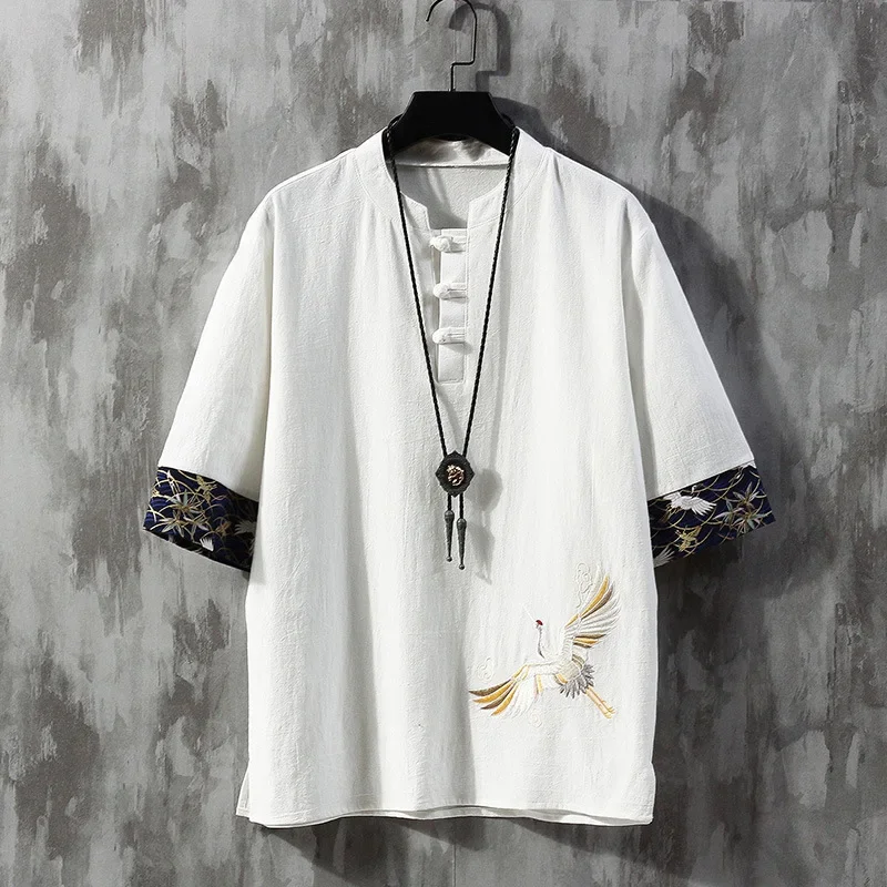thumbnail image 1 of Camiseta de manga corta de lino y algodón bordada para hombre de estilo chino, chaqueta de traje Tang de corte fino, camiseta de manga corta de lino y algodón, 1 of 5