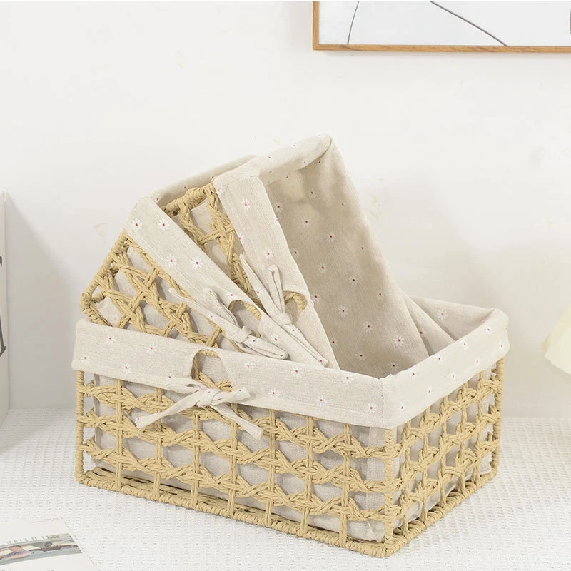 Fabric Lining Storage Basket Imitation Rattan Weaving Desktop Sorting Cosmetics Sundries Toy Storage Basket Cabinet Organizer 3