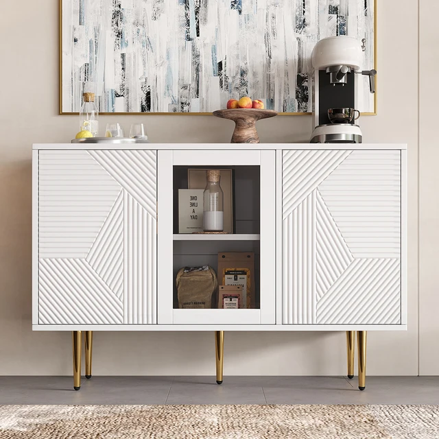 KOMHTOM 3 Doors Metal Feed Glass Doors White Dresser