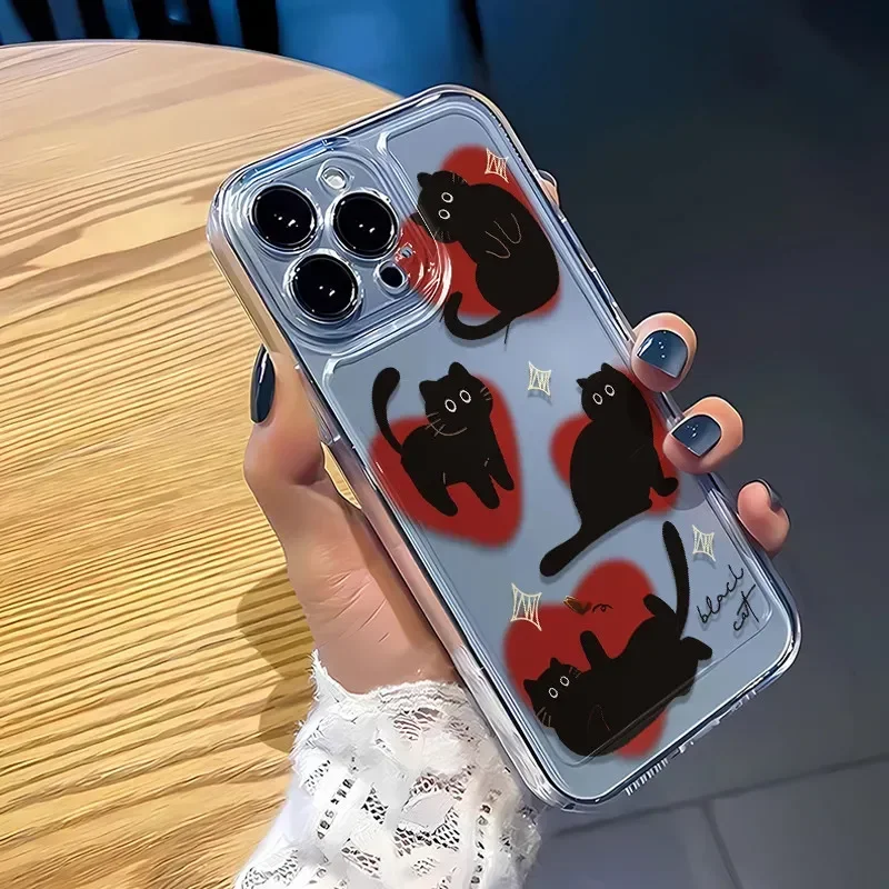 Charming Love Heart Black Cat Soft Clear Phone Case
